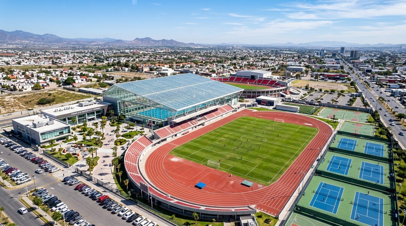 Vista aérea del complejo deportivo y centro acuático